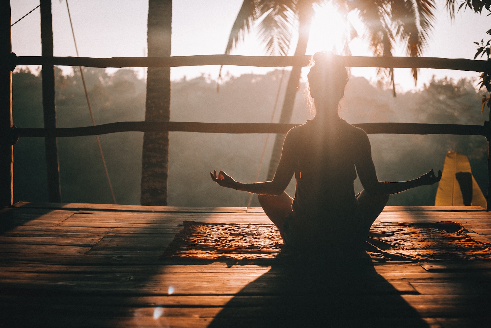 woman meditating in a tropical forest during sunset